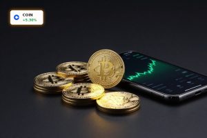 Coinbase Stablecoin Compromise concept with glowing stablecoin tokens and rising crypto market backdrop