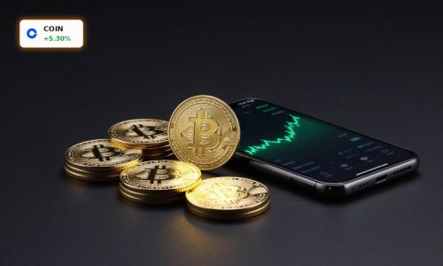 Coinbase Stablecoin Compromise concept with glowing stablecoin tokens and rising crypto market backdrop