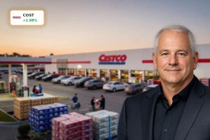 Costco Sales Update reflected in busy warehouse store and fuel station traffic at dusk.