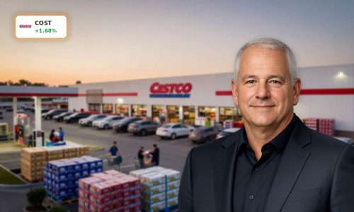 Costco Sales Update reflected in busy warehouse store and fuel station traffic at dusk.