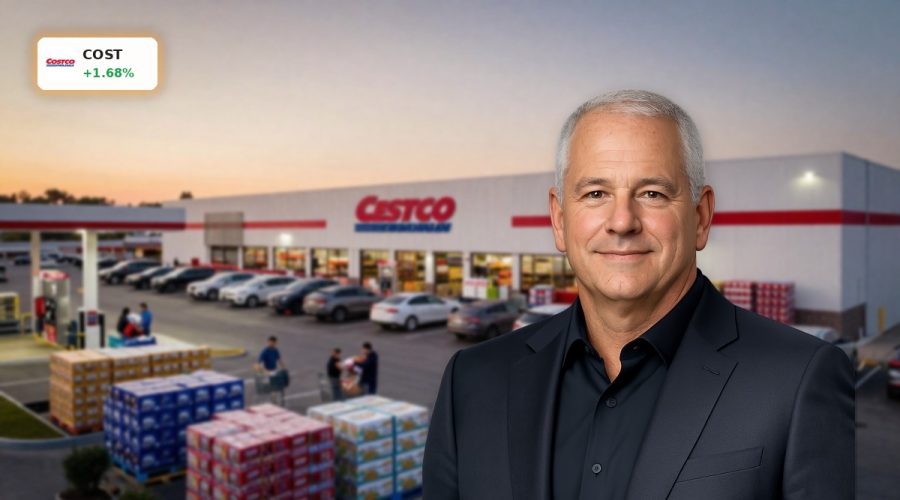 Costco Sales Update reflected in busy warehouse store and fuel station traffic at dusk.