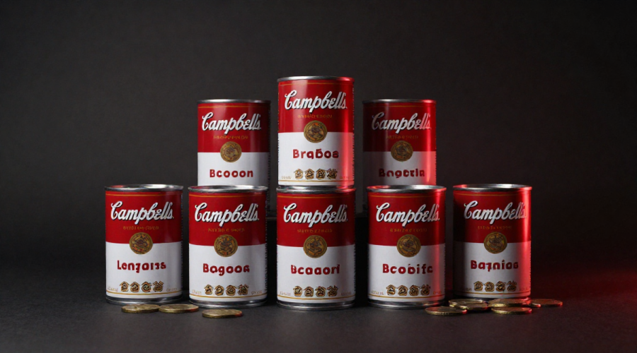 Campbell Soup Earnings Warning reflected by Campbell soup cans and snacks under dramatic lighting
