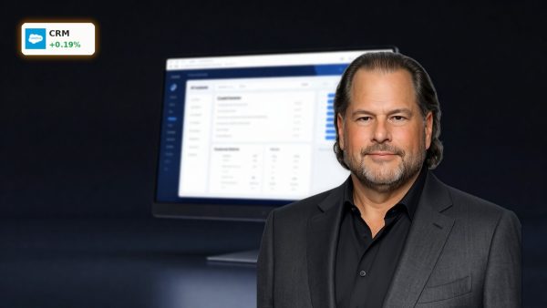 Salesforce Acquisition concept with AI customer service platform on a premium display in dramatic lighting