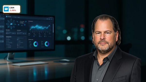Salesforce Stock analysis showing enterprise AI software on a modern office monitor.