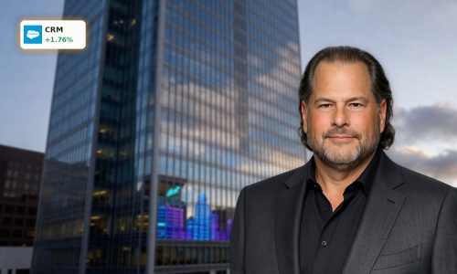 Salesforce AI Strategy visualized by Salesforce tower with AI-themed lighting in San Francisco financial district.