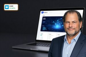 Salesforce AI Reporting dashboard concept with Agentforce analytics on a sleek laptop in a dark premium setup