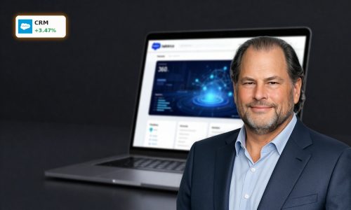 Salesforce AI Reporting dashboard concept with Agentforce analytics on a sleek laptop in a dark premium setup
