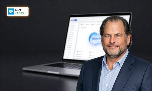Salesforce Earnings concept with premium laptop showing cloud CRM and AI workflow interface on dark background