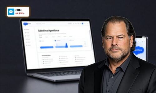Salesforce Earnings focus on Agentforce AI software displayed on premium devices against a dark background