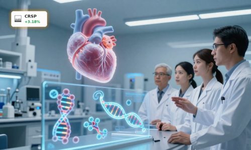High-tech cardiology lab visualizing CRISPR Therapeutics Pipeline gene edits for cholesterol and Lp(a).