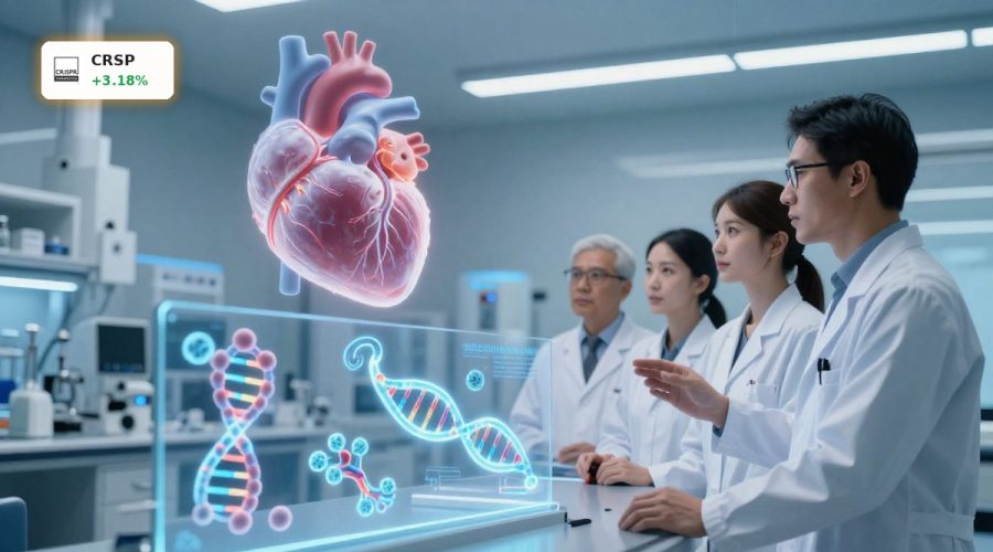 High-tech cardiology lab visualizing CRISPR Therapeutics Pipeline gene edits for cholesterol and Lp(a).