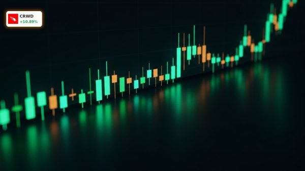 A rising green candlestick chart representing the successful CrowdStrike AI Strategy.