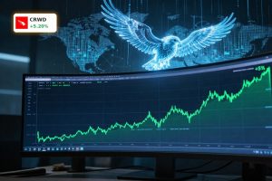 CrowdStrike Strategy visualized by rising stock chart with AI-driven cybersecurity data backdrop.