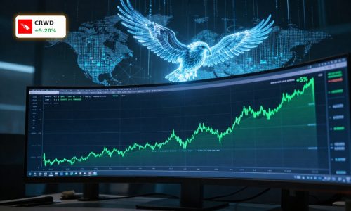 CrowdStrike Strategy visualized by rising stock chart with AI-driven cybersecurity data backdrop.