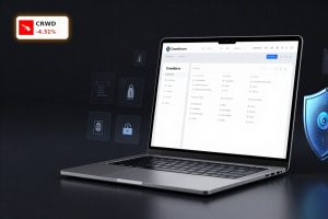 CrowdStrike Quartal im Fokus mit Falcon-Plattform und KI-Sicherheitsdashboard auf Premium-Laptop
