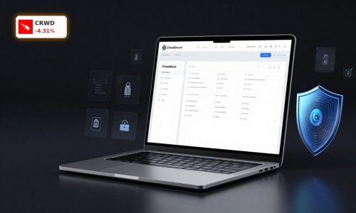 CrowdStrike Quartal im Fokus mit Falcon-Plattform und KI-Sicherheitsdashboard auf Premium-Laptop