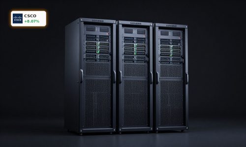 Cisco Earnings spotlight with premium AI networking hardware and servers in a modern data center