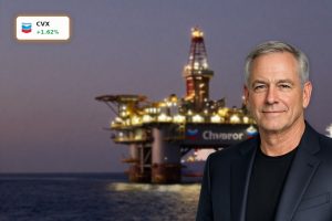 Chevron Energy Strategy highlighted by offshore oil platform and LNG tanker under dramatic evening light