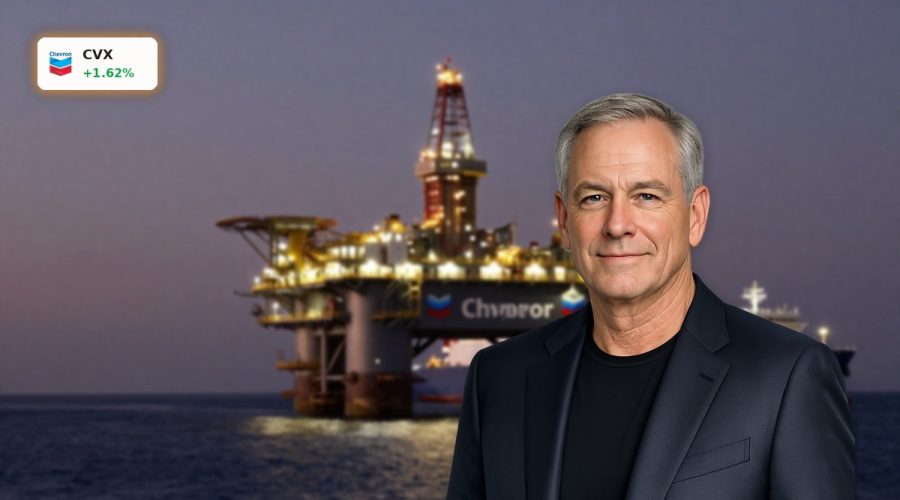 Chevron Energy Strategy highlighted by offshore oil platform and LNG tanker under dramatic evening light