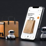 DoorDash AI Strategy concept with delivery app smartphone, order bag, and autonomous robot on dark background