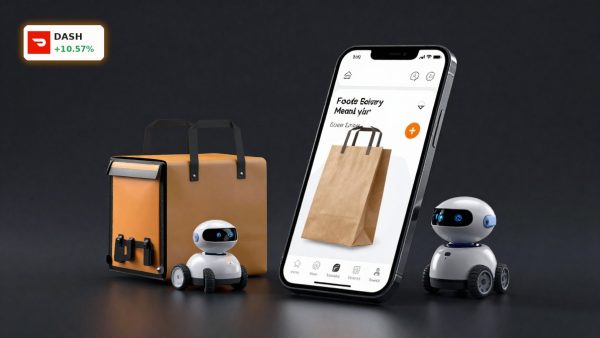 DoorDash AI Strategy concept with delivery app smartphone, order bag, and autonomous robot on dark background