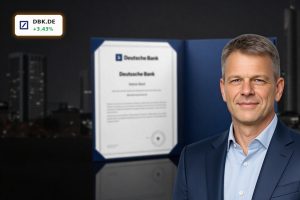 Deutsche Bank ownership change visualized with premium share certificate and Frankfurt skyline