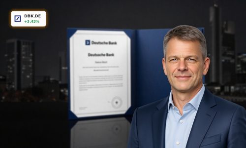 Deutsche Bank ownership change visualized with premium share certificate and Frankfurt skyline