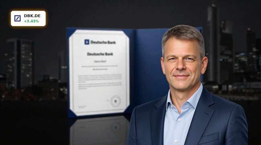 Deutsche Bank ownership change visualized with premium share certificate and Frankfurt skyline
