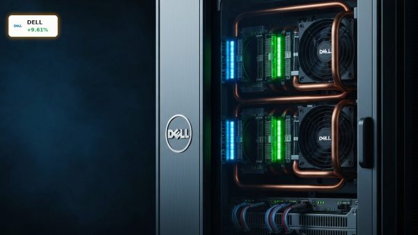 High-performance AI server racks glowing in a data center during the Dell Technologies Rally.