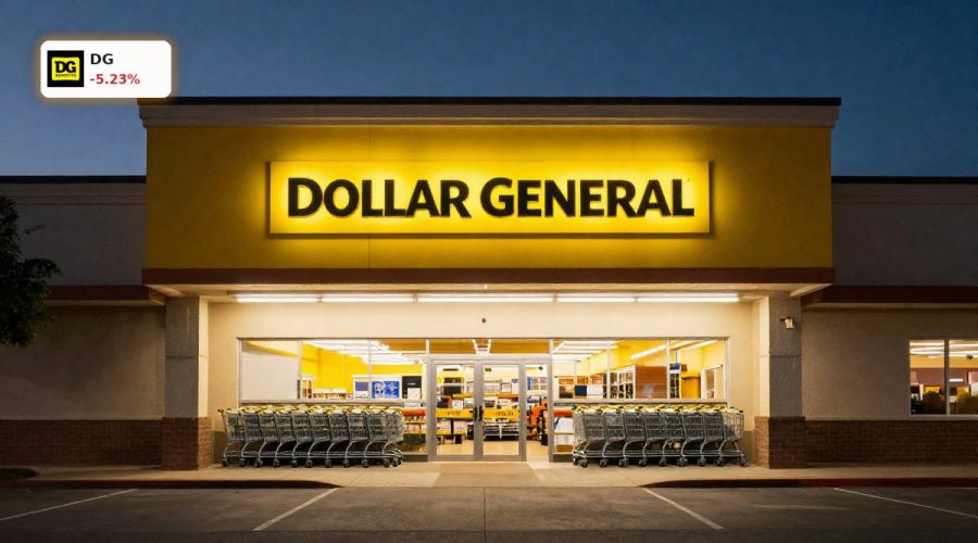 Dollar General Earnings reaction reflected in a lit Dollar General store exterior at dusk