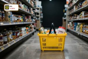 Dollar General Earnings reaction symbolized by a yellow shopping basket in a dim retail aisle