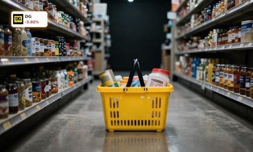 Dollar General Earnings reaction symbolized by a yellow shopping basket in a dim retail aisle