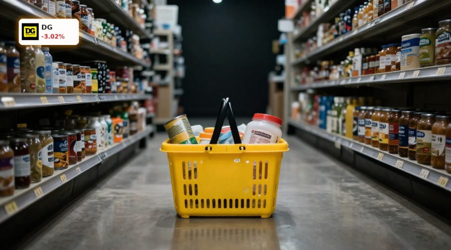 Dollar General Earnings reaction symbolized by a yellow shopping basket in a dim retail aisle