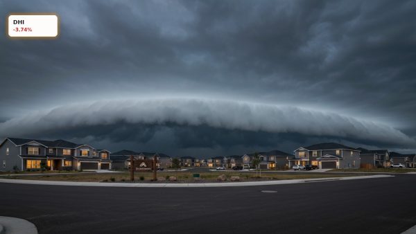 Suburban housing development under stormy skies ahead of D.R. Horton Earnings report.