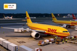 DHL Group Earnings reflected in busy air cargo hub with DHL planes and trucks at dusk