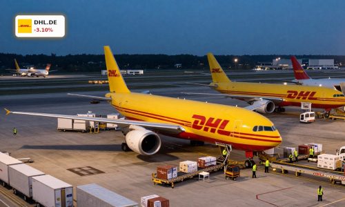 DHL Group Earnings reflected in busy air cargo hub with DHL planes and trucks at dusk