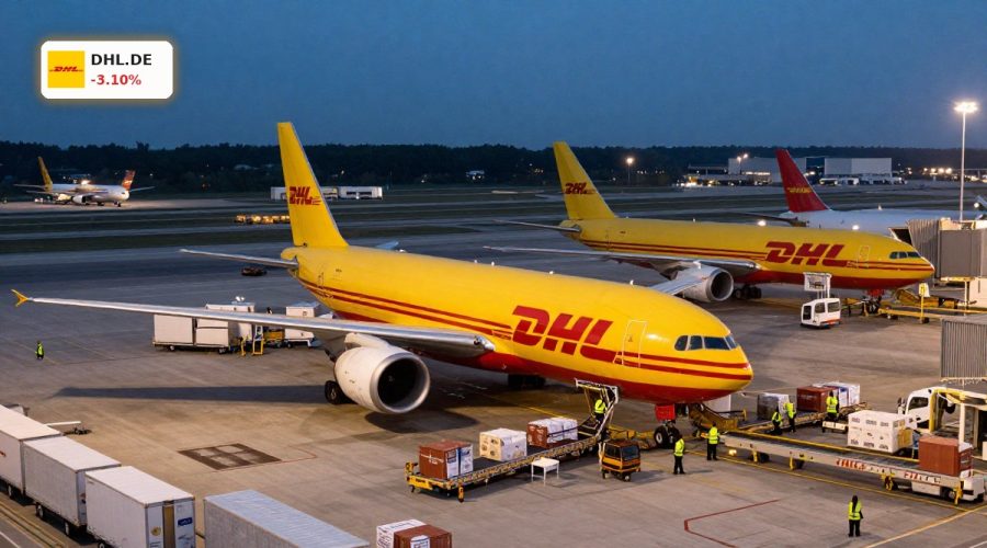 DHL Group Earnings reflected in busy air cargo hub with DHL planes and trucks at dusk