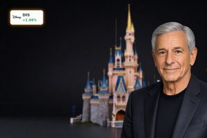Disney CEO Transition visualized by iconic castle and cruise ship against a dark, premium backdrop
