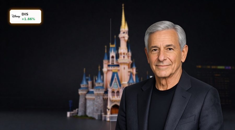 Disney CEO Transition visualized by iconic castle and cruise ship against a dark, premium backdrop