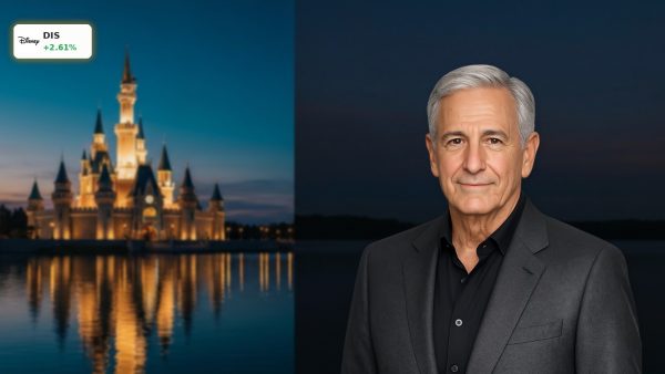 Majestic illuminated theme park castle at dusk, symbolizing a bright Disney Outlook for investors.