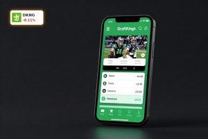 DraftKings Regulation risk visualized with a premium smartphone sportsbook app under tense, dramatic lighting