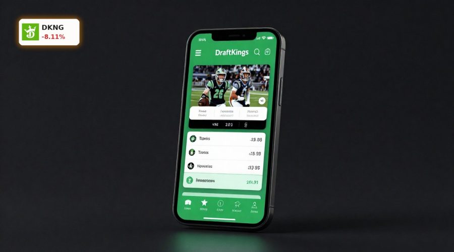 DraftKings Regulation risk visualized with a premium smartphone sportsbook app under tense, dramatic lighting