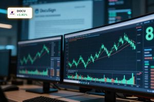 DocuSign Earnings beat with 8% revenue growth and bullish stock reaction on trading screens.