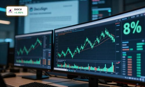 DocuSign Earnings beat with 8% revenue growth and bullish stock reaction on trading screens.