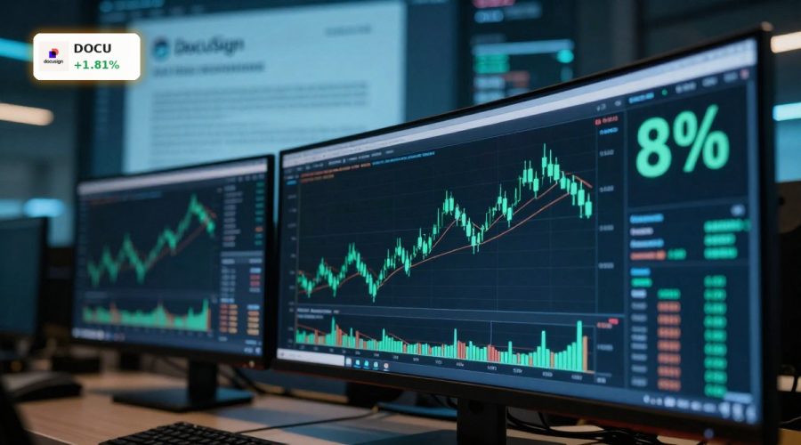 DocuSign Earnings beat with 8% revenue growth and bullish stock reaction on trading screens.
