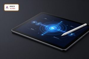 DocuSign Earnings spotlight on AI-powered digital agreement platform and e-signature device in premium dark setting