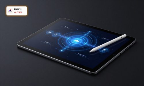 DocuSign Earnings spotlight on AI-powered digital agreement platform and e-signature device in premium dark setting