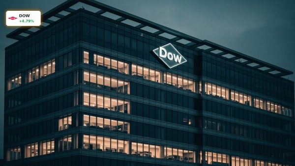 Dow Inc. Oil Prices boost chemical giant's stock, pictured at corporate headquarters at dusk.