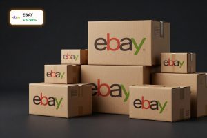 eBay Acquisition concept with eBay and GameStop parcels symbolizing $56bn takeover bid