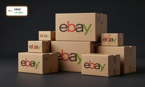 eBay Acquisition concept with eBay and GameStop parcels symbolizing $56bn takeover bid